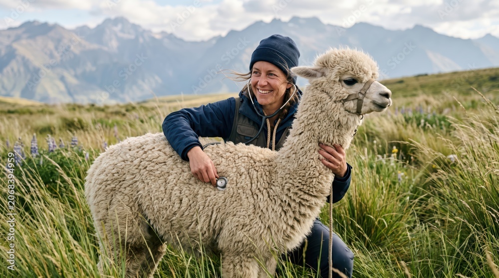 Fototapeta premium Female animal caretaker using stethoscope on alpaca in mountain meadow, kneeling beside calm fluffy camelid during field health check and animal husbandry