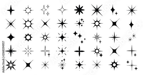 Set of Y2K abstract shapes on white background. Star, sparkle and simple geometric forms in retro style. Vector templates for tattoo, logo, icon, stickers.
