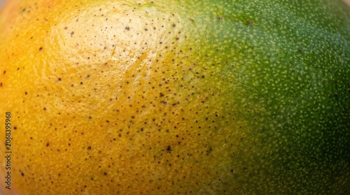 Close up of ripening mango skin showing speckled yellow and green peel texture, macro detail of surface pores and glossy bumpy rind for food produce concept