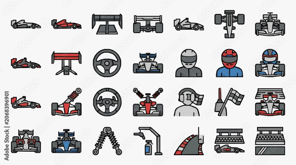 Naklejka premium Creative Icon Set of Racing Elements and Motorsport Illustrations for Designers and Enthusiasts