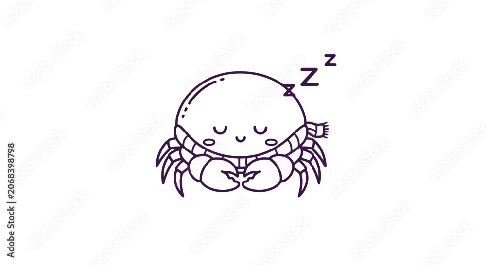 Fototapeta premium Sleeping Cartoon Crab with Closed Eyes.