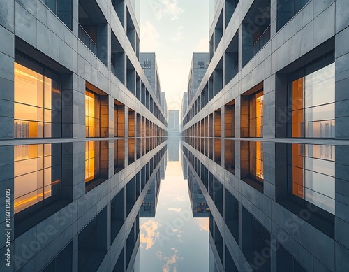 Symmetrical modern office building architecture.