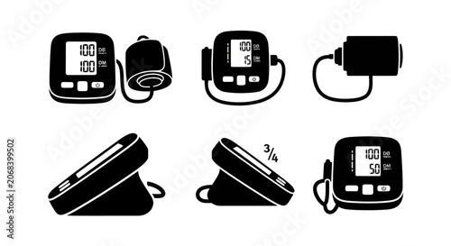 фотографія Digital blood pressure monitor and arm cuff icons.