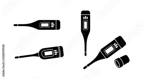 Foto Digital medical thermometer and ear probe silhouettes set.
