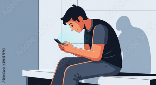 Fotografie Young man engrossed in his smartphone while sitting.