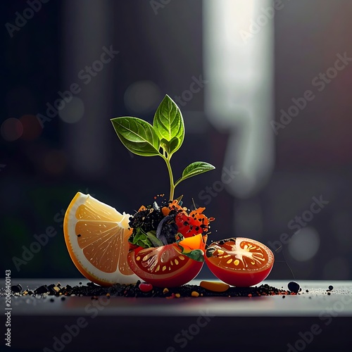 Fresh halved tomatoes with basil leaf.