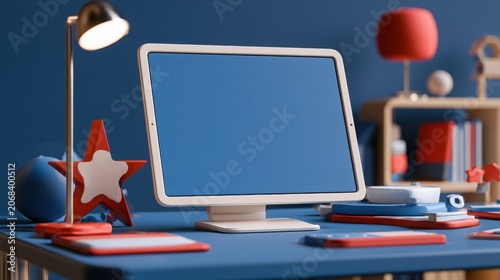 Tablet computer sits on a blue desk surrounded by a desk lamp and decorative star shapes in a vibrant workspace.