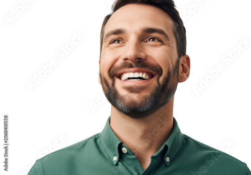 Man Laughing Joyfully, Looking Upwards with Beard and Green Shirt