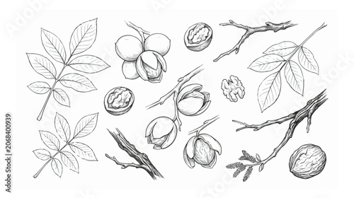 Vintage walnut botanical sketch set, hand drawn walnut tree branches and leaves, organic nut harvest vector illustrations for food packaging