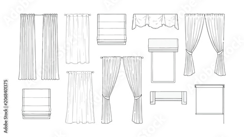 Photos Minimalist window curtain line icons, modern interior drapery and blind sketches