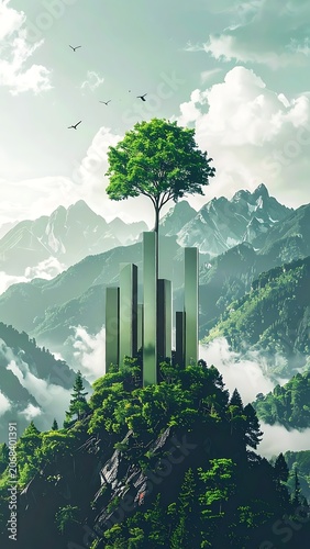 Sustainable city on mountain peak landscape.
