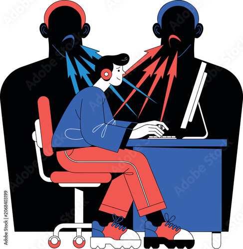 Woman Wearing Headphones Working on Computer with Two Black Silhouettes in Background