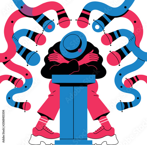 Man Speaking at Podium Surrounded by Microphones