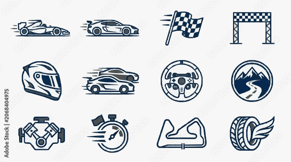 Naklejka premium Modern Racing and Automotive Performance Icons Collection Featuring High Speed Vehicles Safety Gear and Track Elements