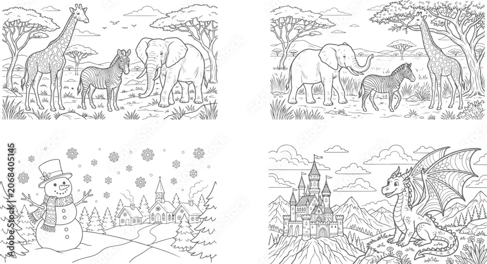 Obraz premium Four black and white drawings of animals and landscapes with elephant