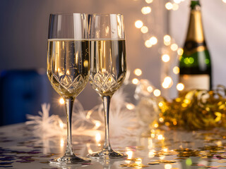 Two crystal champagne flutes filled with sparkling wine, standing on a table with golden confetti and blurred fairy lights in the background