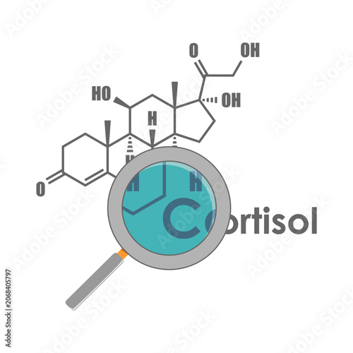 Structural formula of human steroid cortisol hormone and magnifier. Concept of medicine, biotechnology and biochemistry. Scientific research.