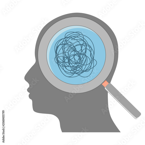 Stress and psychosis. Magnifier and human side view with a tangled ball of nerves, scribbles symbolizing a depressed state of a person. Personality disorder and depression medical research concept.