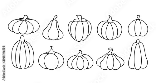 Pumpkin Editable Stroke Collection. Hand Drawn Doodle Squashes. 