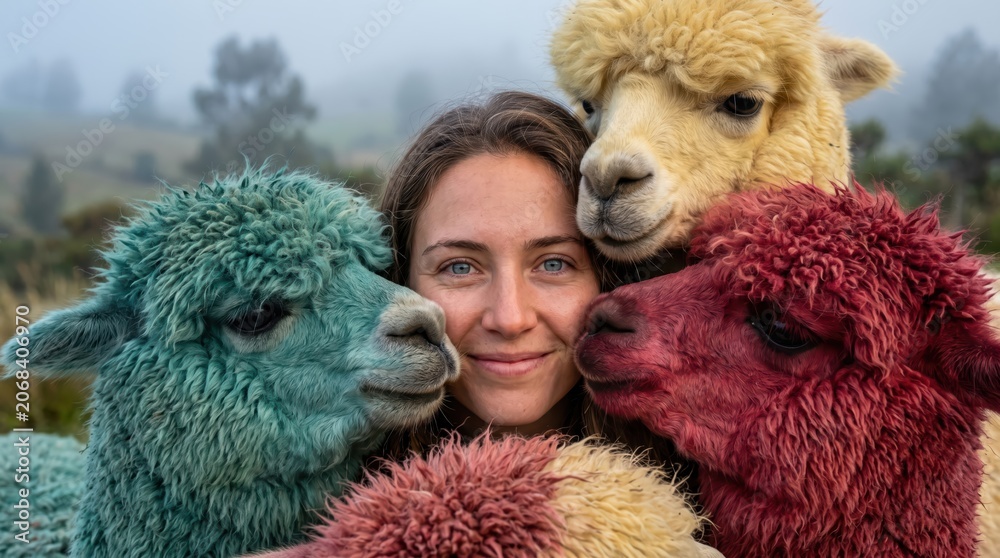 Fototapeta premium Smiling woman hugged by three colorful alpacas on a foggy hillside; close portrait shows fleece textures, dyed wool, and a warm caretaker–animal bond.