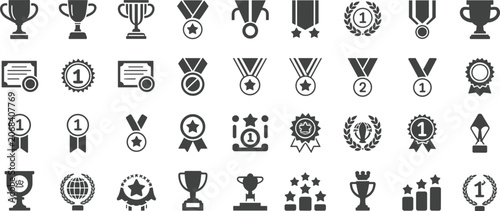 Award and Trophy Icons Set Featuring Medals Ribbons and Laurels for Achievement vector illustration