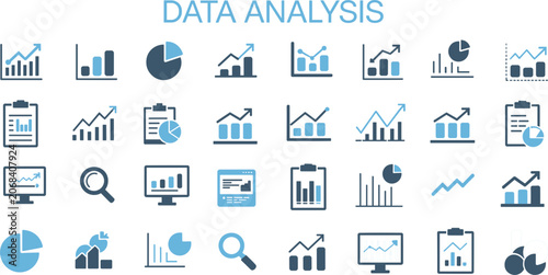 Data Analysis and Statistics Line Icons with Blue Accents chart graph