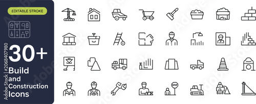 Collection of Outline Icons for Build and Construction Industry with 30 Plus Symbols Keywords: construction, build, industry, icons, crane, house, truck, wheelbarrow, hammer, sand