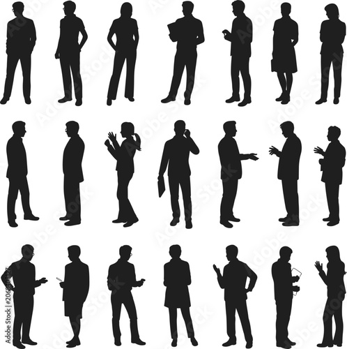 Collection of diverse male and female business person silhouettes in various poses and actions people
