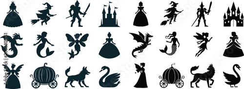Fairy tale character silhouettes set with princess dragon witch knight mermaid wolf castle pumpkin and swan.