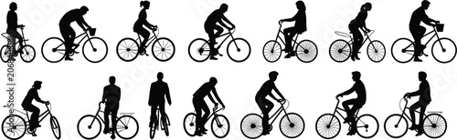 Extensive collection of bicycle rider silhouettes in dynamic poses and different bicycle styles cyclist