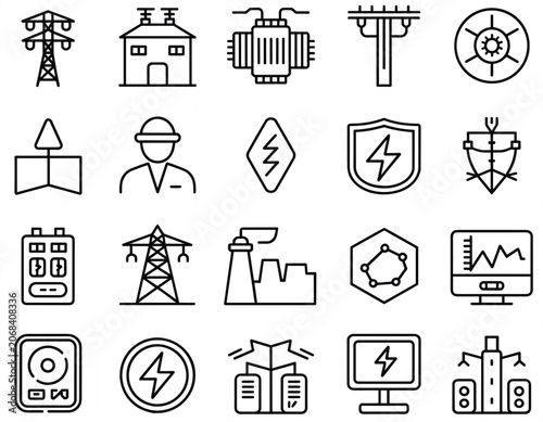 Set of Industrial and Electrical Engineering Icons in Line Art Style industry electricity