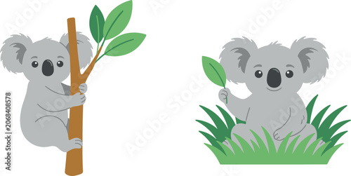 Photography PrintCute Koala Character Vector Set with Adorable Baby Koalas Climbing Tree Bra