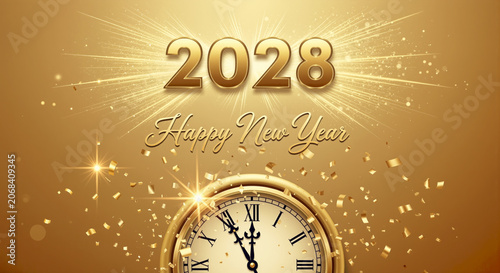 Golden New Year's Eve Clock striking midnight 2028 Happy New Year celebration with sparkling lights and festive decorations