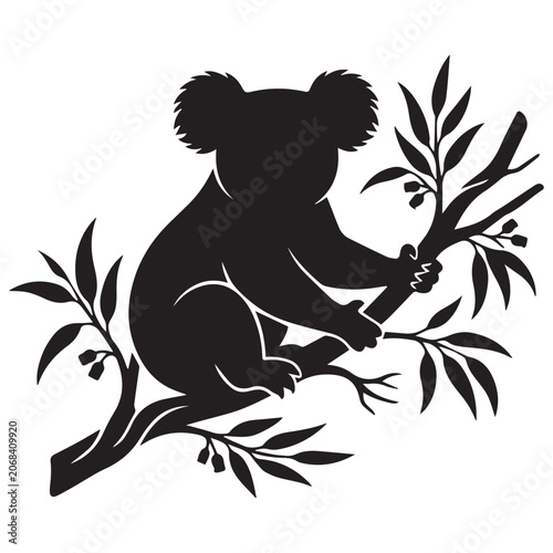 Quadro em tela Koala silhouette in eucalyptus tree branches with black and white arboreal anima