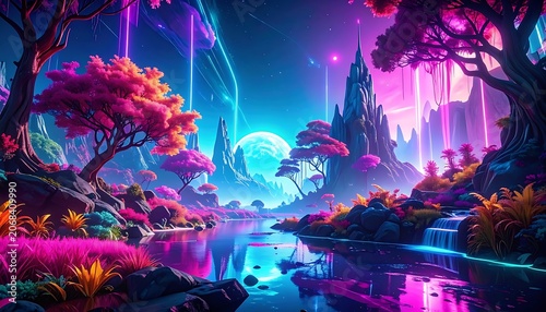 Vibrant neon fantasy landscape with trees.