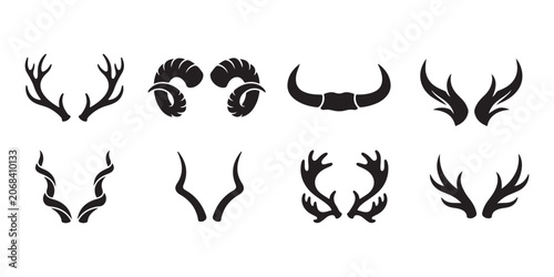 Deer Antler Silhouette Icons Set with Hunting Trophy Wildlife Horns and Rustic Vector Collection