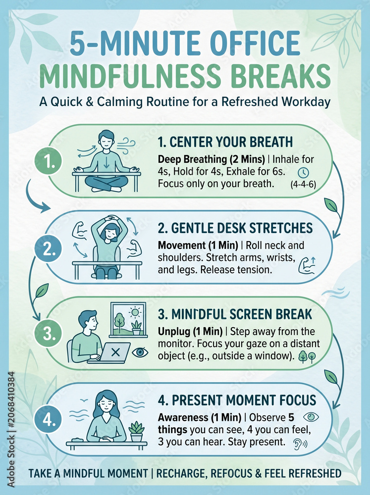 Naklejka premium Mindfulness infographic showing simple office exercise routines for employees to improve mental health and work focus