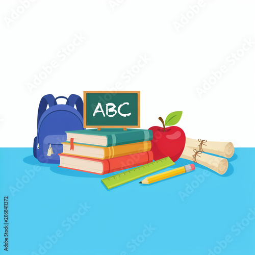Colorful School Supplies Arrangement on Bright Blue Background with ABC Block