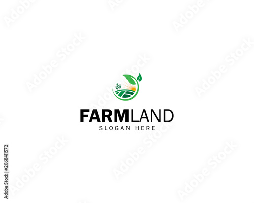Agro Farm Logo with Green Leaf and Livestock Landscape