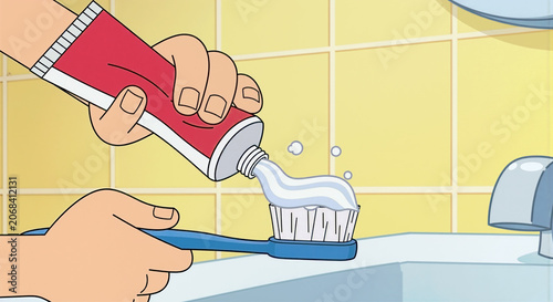 Person applying toothpaste to toothbrush over sink with yellow tiles daily morning routine oral hygiene concept healthy habits.