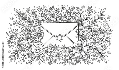 Tableau sur toile Botanical Envelope with Flowers Coloring Page