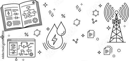 Telecommunication tower signal transmitter water energy fluid power textbook manual circuit diagram data website line vector icon set