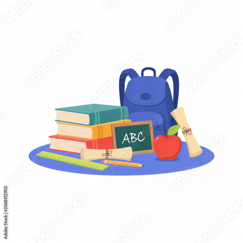 Back to School Supplies with Books and Apple on Chalkboard Flat Design