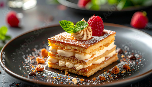 Gourmet mille-feuille dessert with layered pastry cream, fresh raspberry and rustic styling