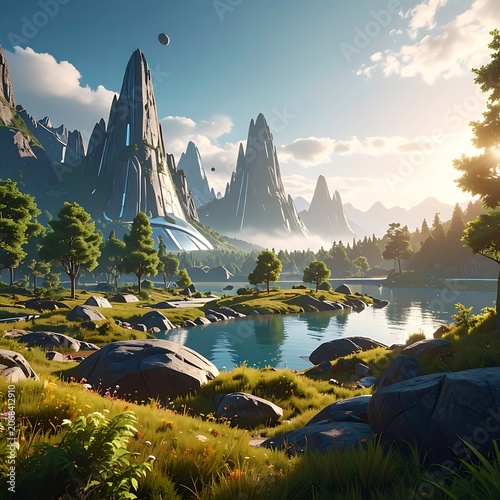 Fantasy landscape with futuristic tower rocks.