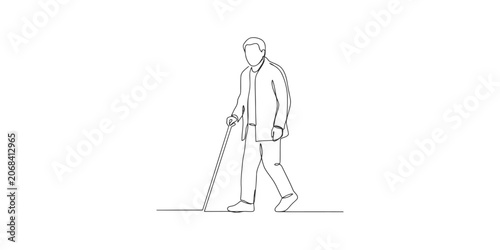 Continuous line drawing of a blind man walking with a cane isolated on white background
