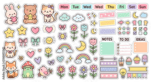 Cute cartoon stickers with animals and flowers on white background