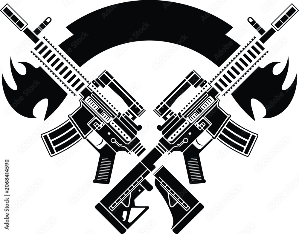 Fototapeta premium Black and White Emblem with Crossed Assault Rifles and Flames – Tactical Weapon Vector for Military, Firearm Enthusiast, and Logo Design Projects