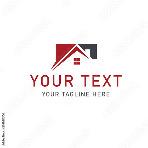 Customizable house logo, modern home icon, red and gray abstract roof design, vector template