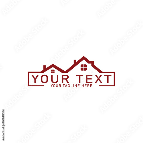Real estate logo, house icon, custom text, red color, vector template
